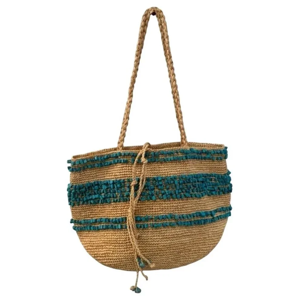 J Crew Straw market tote with turquoise stones bucket bag NWT J.Crew